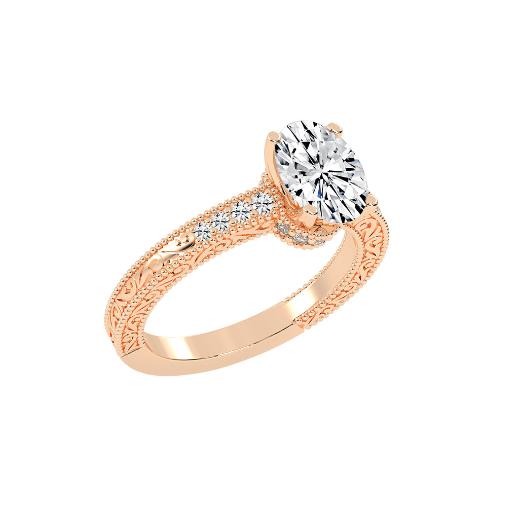 Trioside Filigree Oval Cut Side Stone Lab Diamond Ring