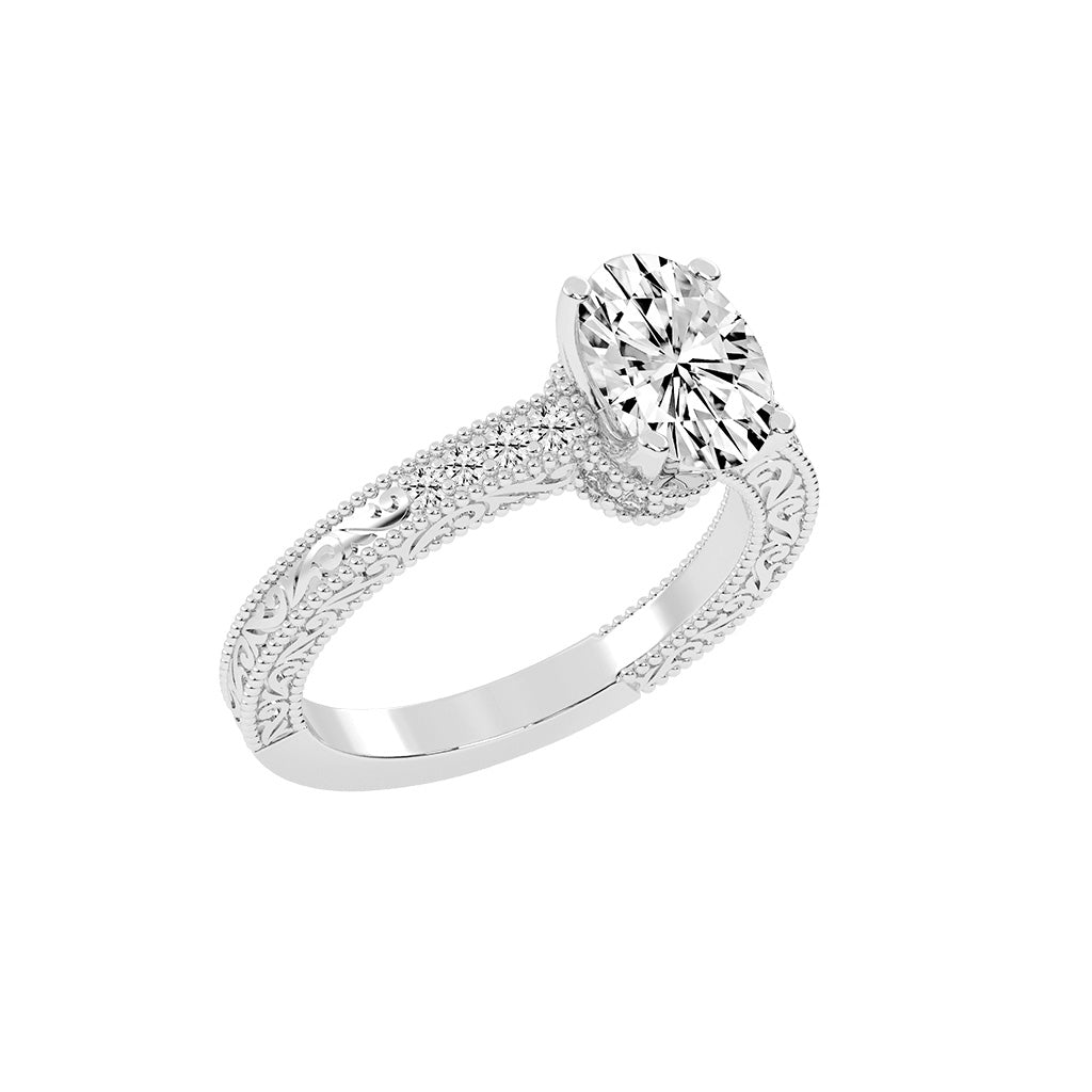 Trioside Filigree Oval Cut Side Stone Lab Diamond Ring