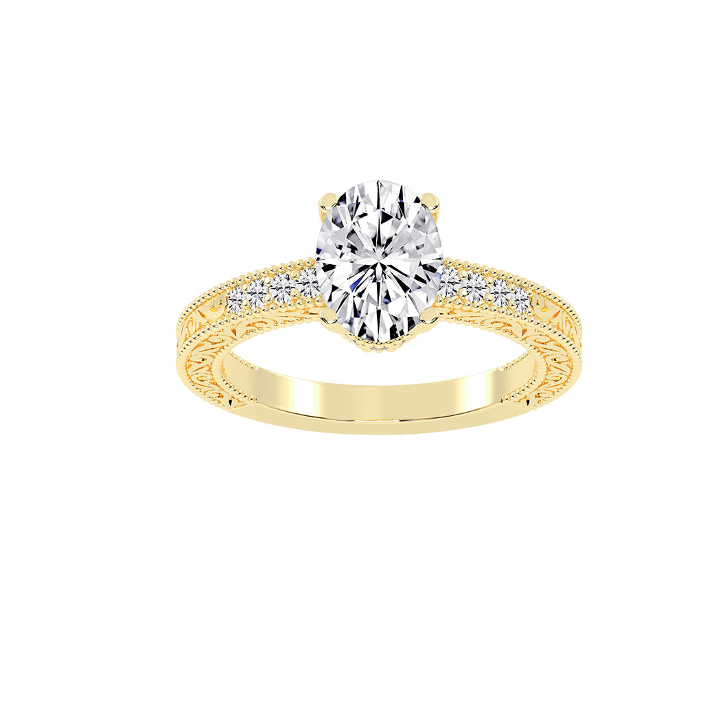 Trioside Filigree Oval Cut Side Stone Lab Diamond Ring