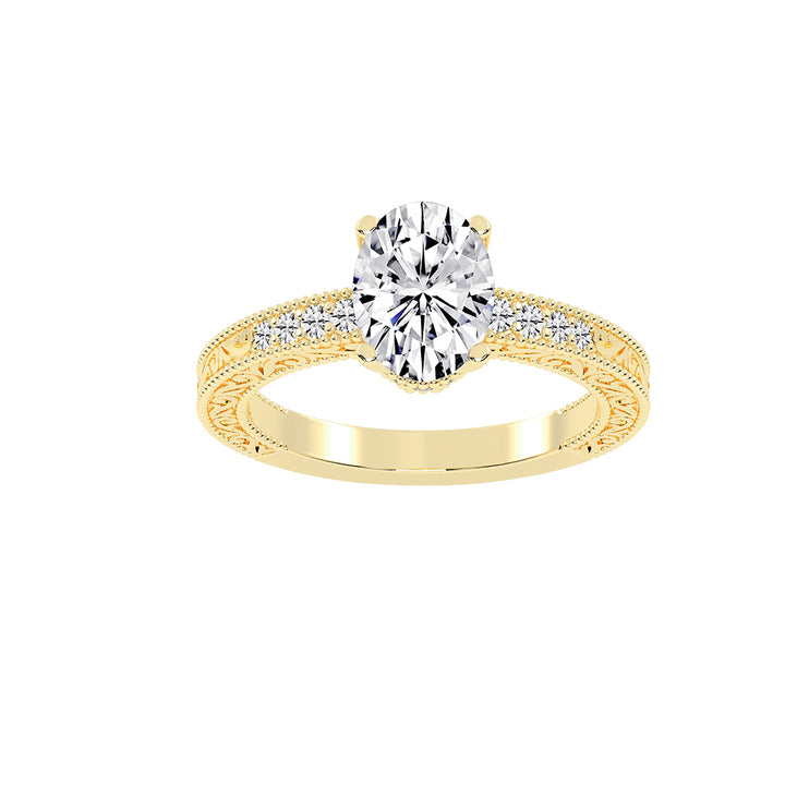 Trioside Filigree Oval Cut Side Stone Lab Diamond Ring