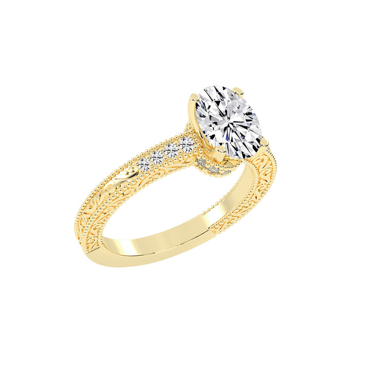 Trioside Filigree Oval Cut Side Stone Lab Diamond Ring