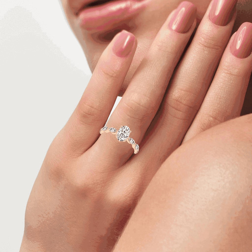 Lustris  Vintage Inspired Oval Cut Side Stone Lab Diamond Ring