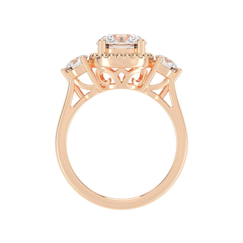 Halissara Tri Stone Round Cut Halo Lab Diamond Ring