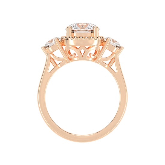 Halissara Tri Stone Round Cut Halo Lab Diamond Ring
