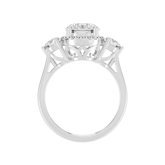 Halissara Tri Stone Round Cut Halo Lab Diamond Ring