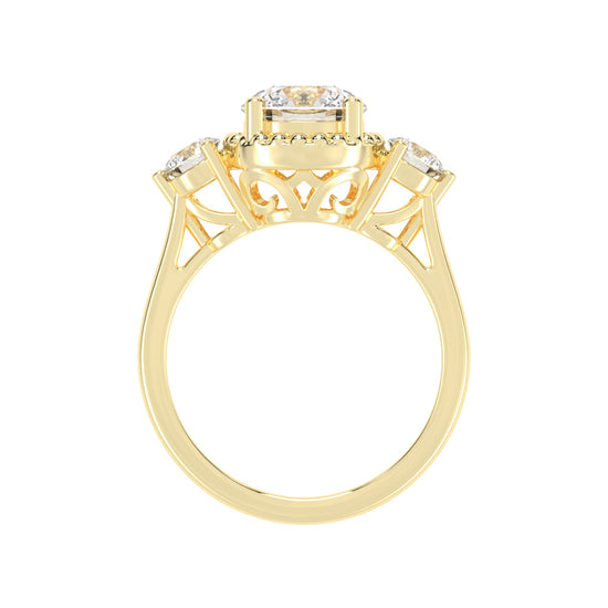 Halissara Tri Stone Round Cut Halo Lab Diamond Ring