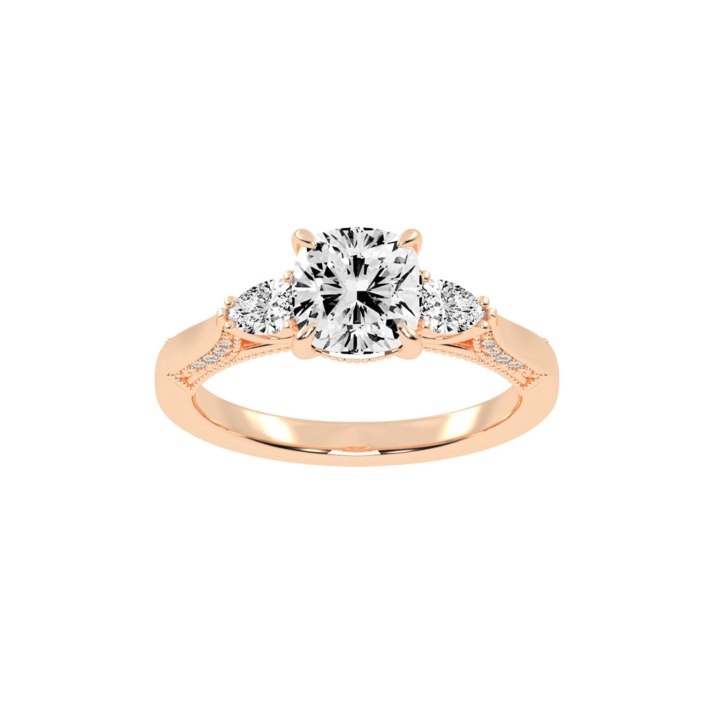 Trinova Three Stone Cushion Cut Lab Diamond Ring