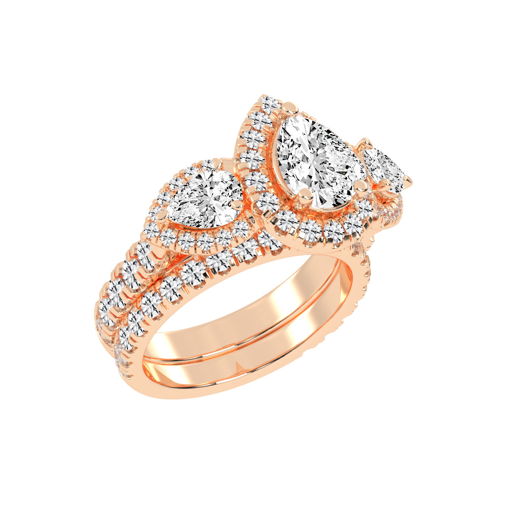Halienneva Three Stone Pear Cut Halo Lab Diamond Ring