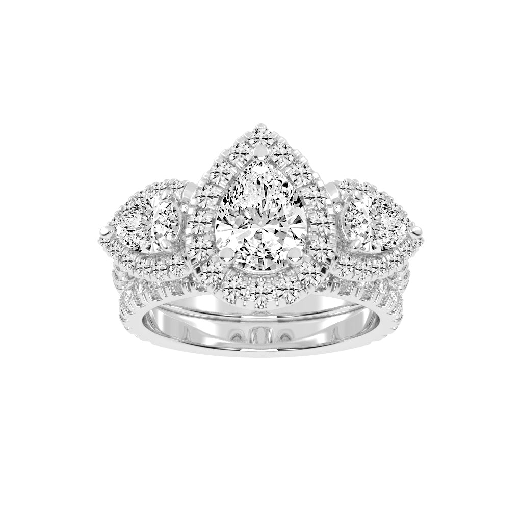 Halienneva Three Stone Pear Cut Halo Lab Diamond Ring