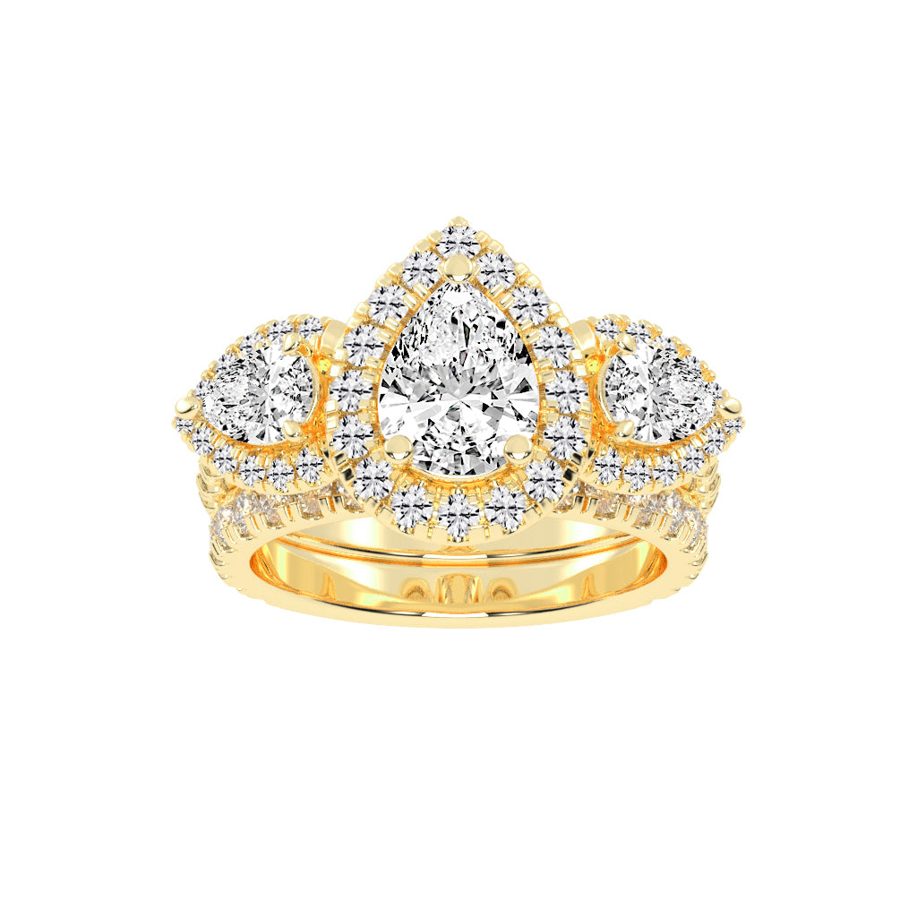 Halienneva Three Stone Pear Cut Halo Lab Diamond Ring