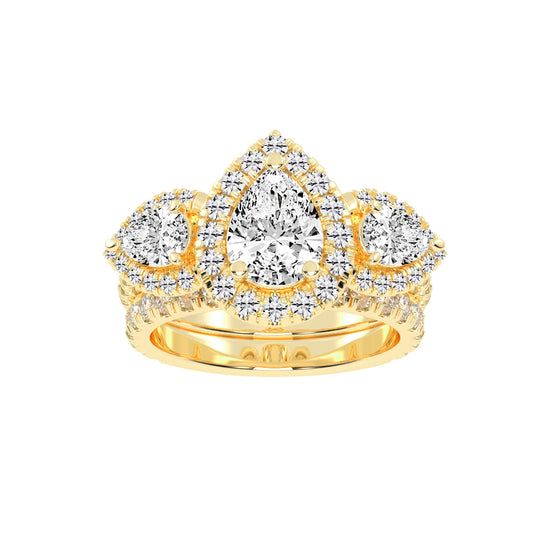 Halienneva Three Stone Pear Cut Halo Lab Diamond Ring