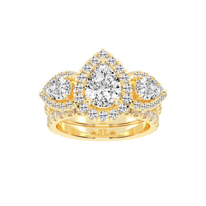 Halienneva Three Stone Pear Cut Halo Lab Diamond Ring