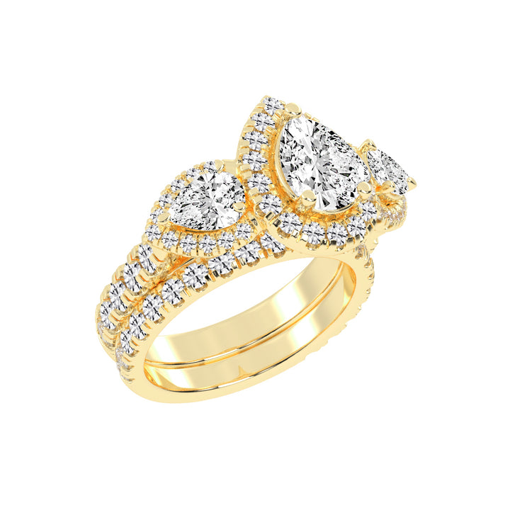 Halienneva Three Stone Pear Cut Halo Lab Diamond Ring