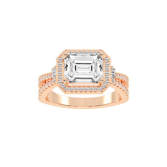 Haltraire Emerald Split Shank Halo Lab Diamond Ring