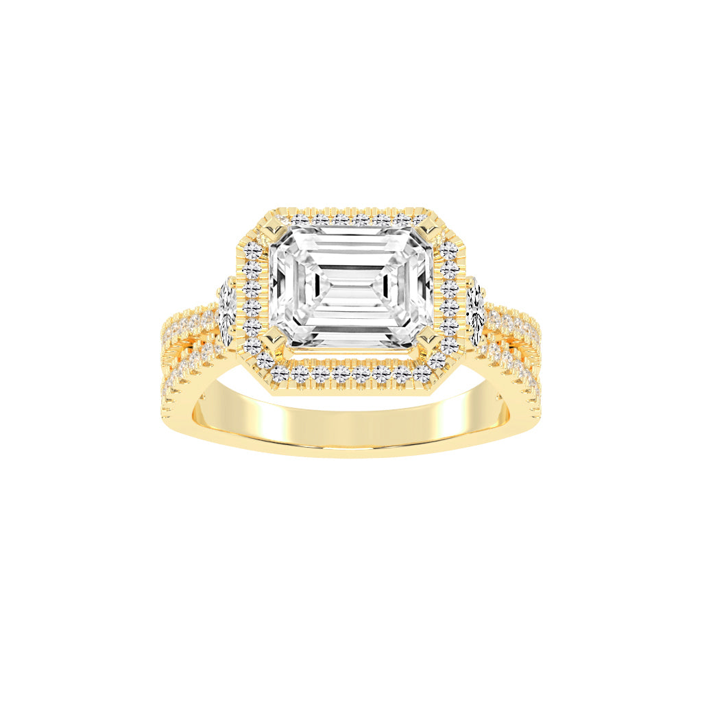 Haltraire Emerald Split Shank Halo Lab Diamond Ring