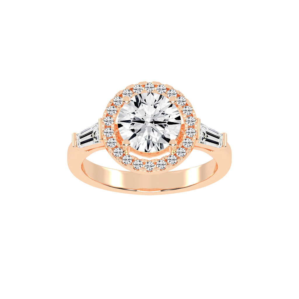 Halinique Tapered Bagettes Round Cut Halo Lab Diamond Ring