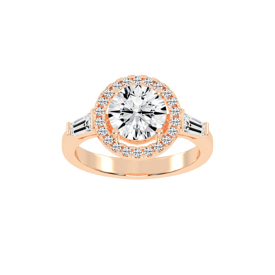 Halinique Tapered Bagettes Round Cut Halo Lab Diamond Ring