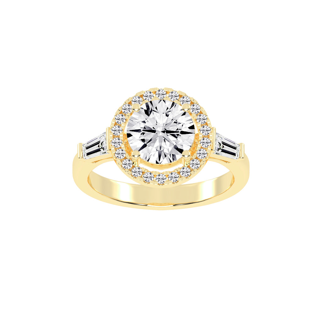 Halinique Tapered Bagettes Round Cut Halo Lab Diamond Ring