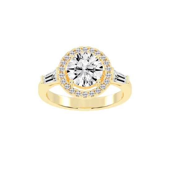 Halinique Tapered Bagettes Round Cut Halo Lab Diamond Ring