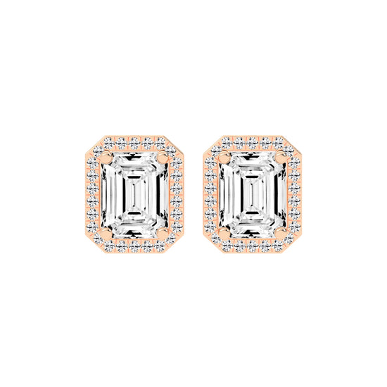 4.25Ct Emerald Shape, Gold, Halo Studs Earrings