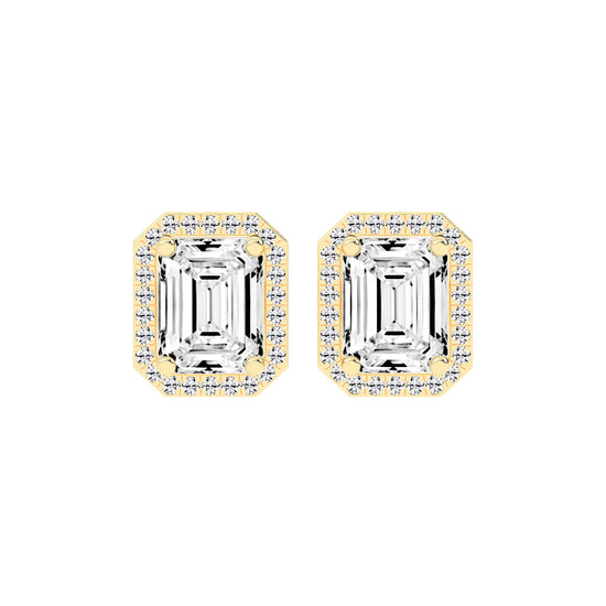 4.25Ct Emerald Shape, Gold, Halo Studs Earrings