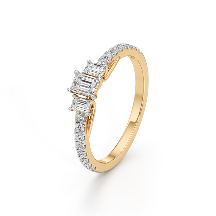Elite Emerald-Cut Trilogy 925 Silver  18k Gold Plated Ring with Diamond-Set Band