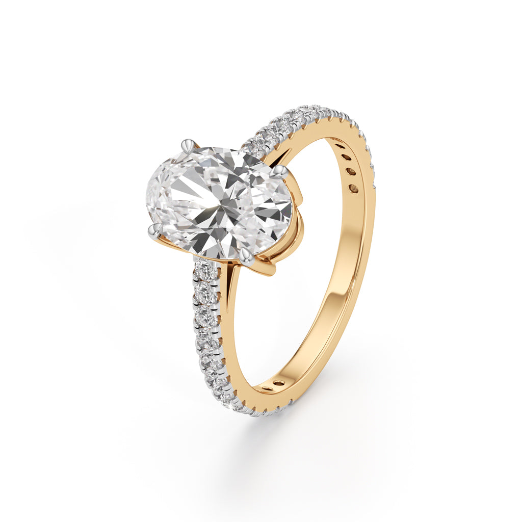 Majestic Oval 925 Silver 18k Gold Plated Solitaire Ring with Pavé-Set Band