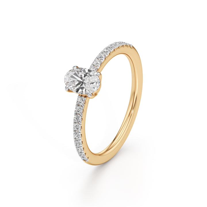 925 Silver Oval Cut Diamond Ring with 18K Gold Plated – Pave Band Solitaire Engagement Ring