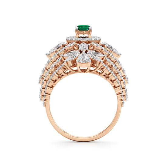 Ornate Emerald and Diamond Cluster Ring
