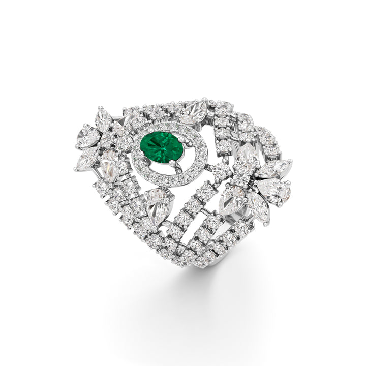 Ornate Emerald and Diamond Cluster Ring