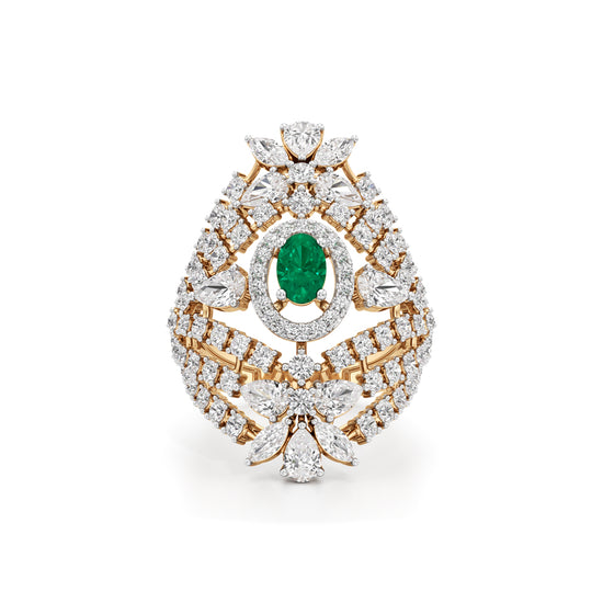 Ornate Emerald and Diamond Cluster Ring