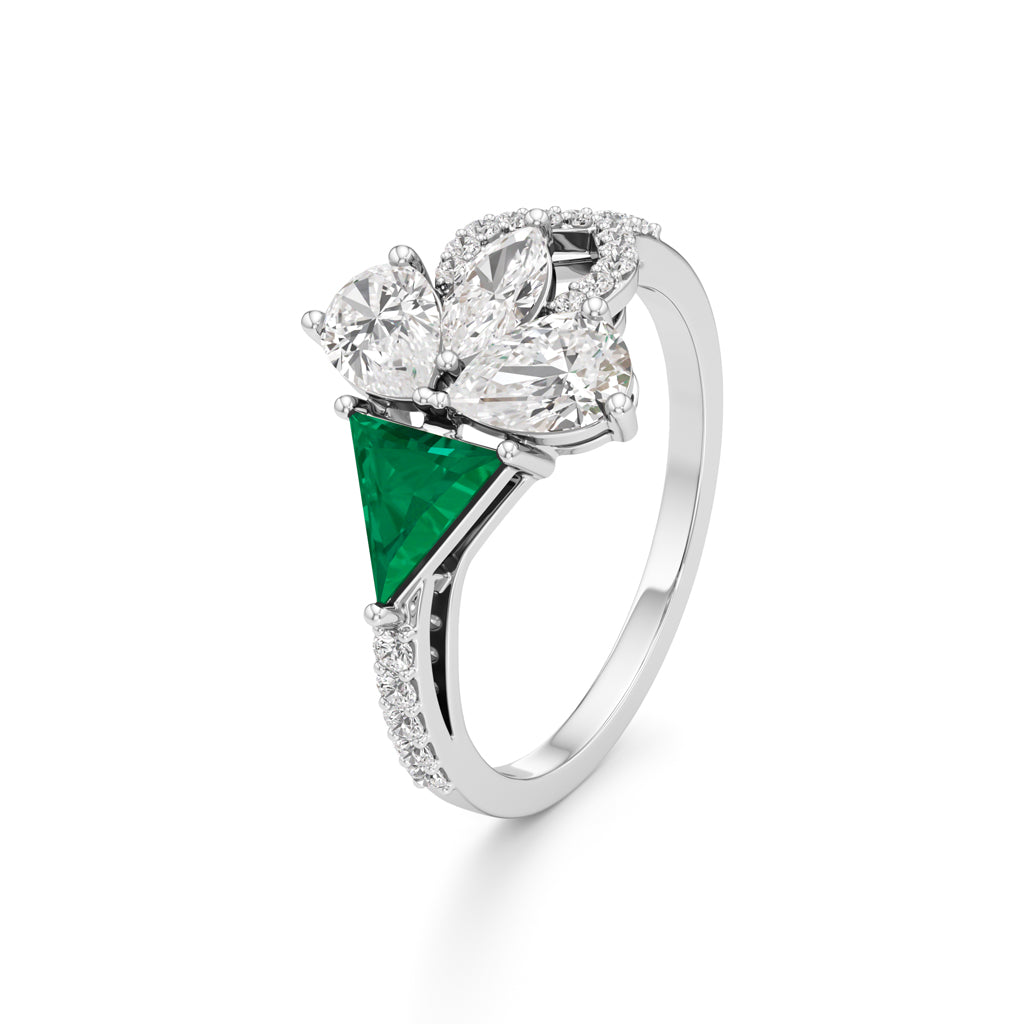 Majestic Emerald Bloom Ring with Radiant Diamond Petals and Pavé Embrace