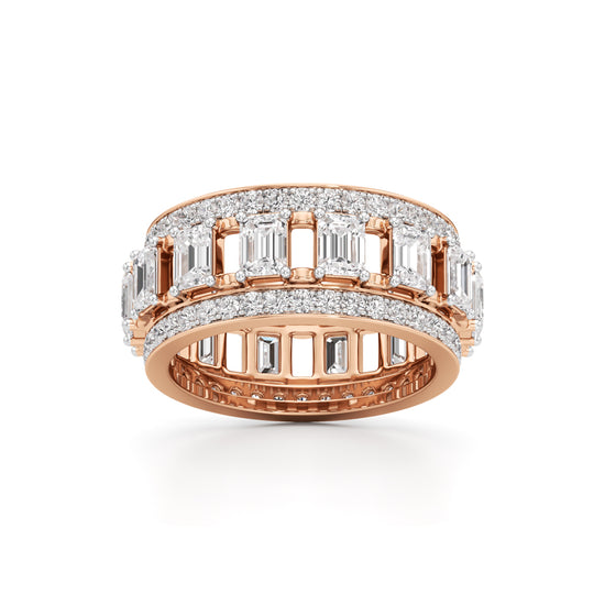 The Radiant Majesty Baguette Diamond Eternity Band with Pave Halo Accents