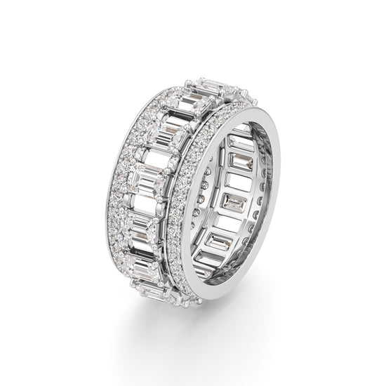 The Radiant Majesty Baguette Diamond Eternity Band with Pave Halo Accents