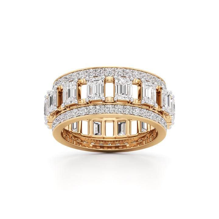 The Radiant Majesty Baguette Diamond Eternity Band with Pave Halo Accents