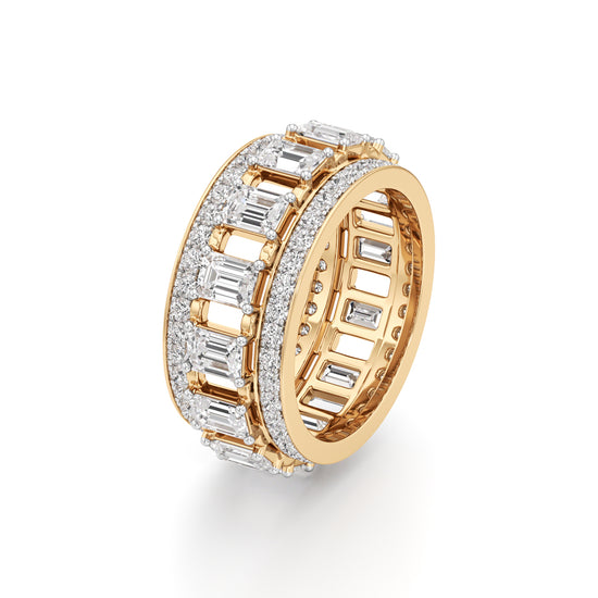 The Radiant Majesty Baguette Diamond Eternity Band with Pave Halo Accents