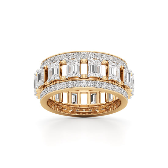 The Radiant Majesty Baguette Diamond Eternity Band with Pave Halo Accents
