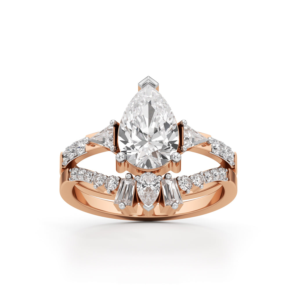 Crowned Radiance Pear-Cut Diamond Ring with Regal Accents