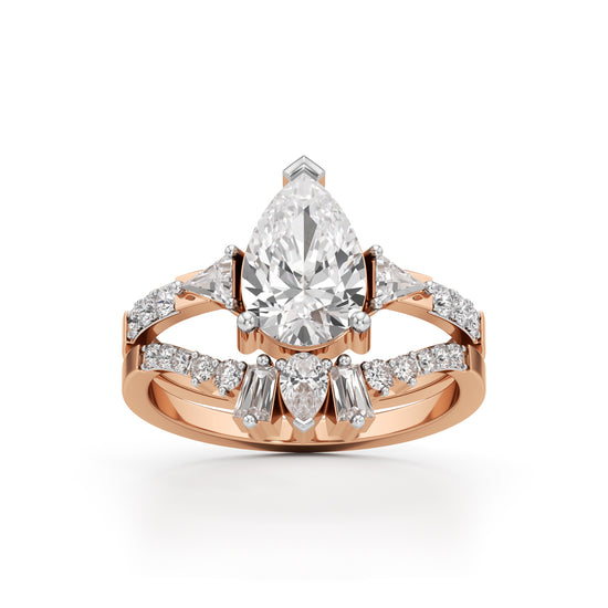 Crowned Radiance Pear-Cut Diamond Ring with Regal Accents
