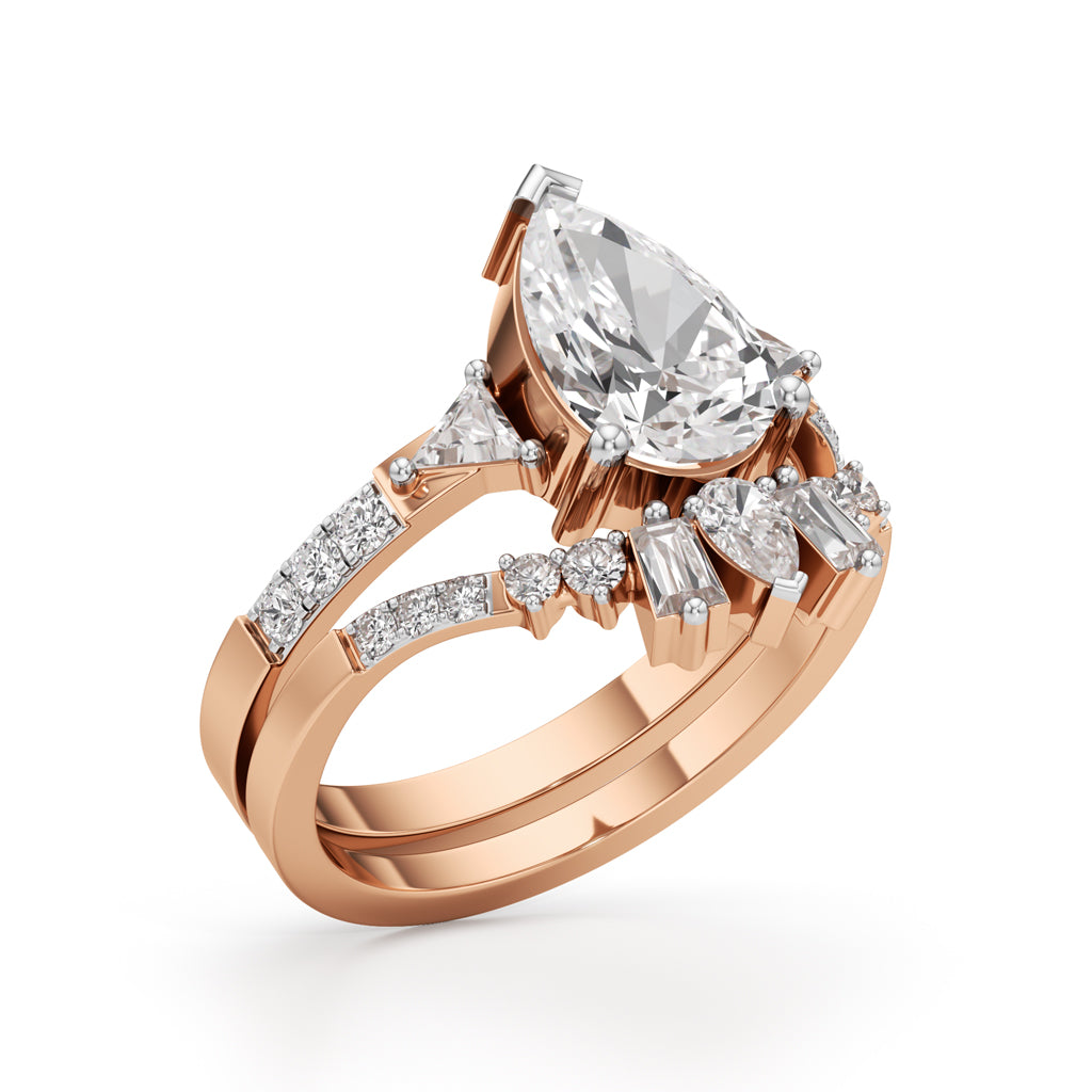Crowned Radiance Pear-Cut Diamond Ring with Regal Accents