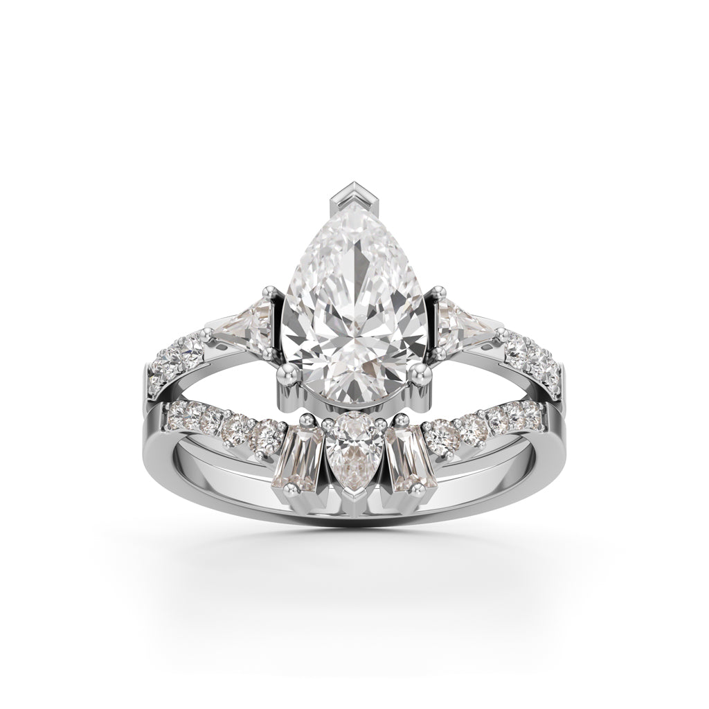 Crowned Radiance Pear-Cut Diamond Ring with Regal Accents