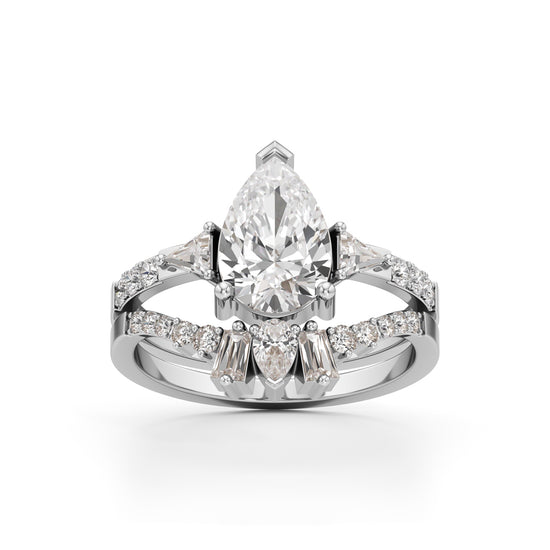 Crowned Radiance Pear-Cut Diamond Ring with Regal Accents