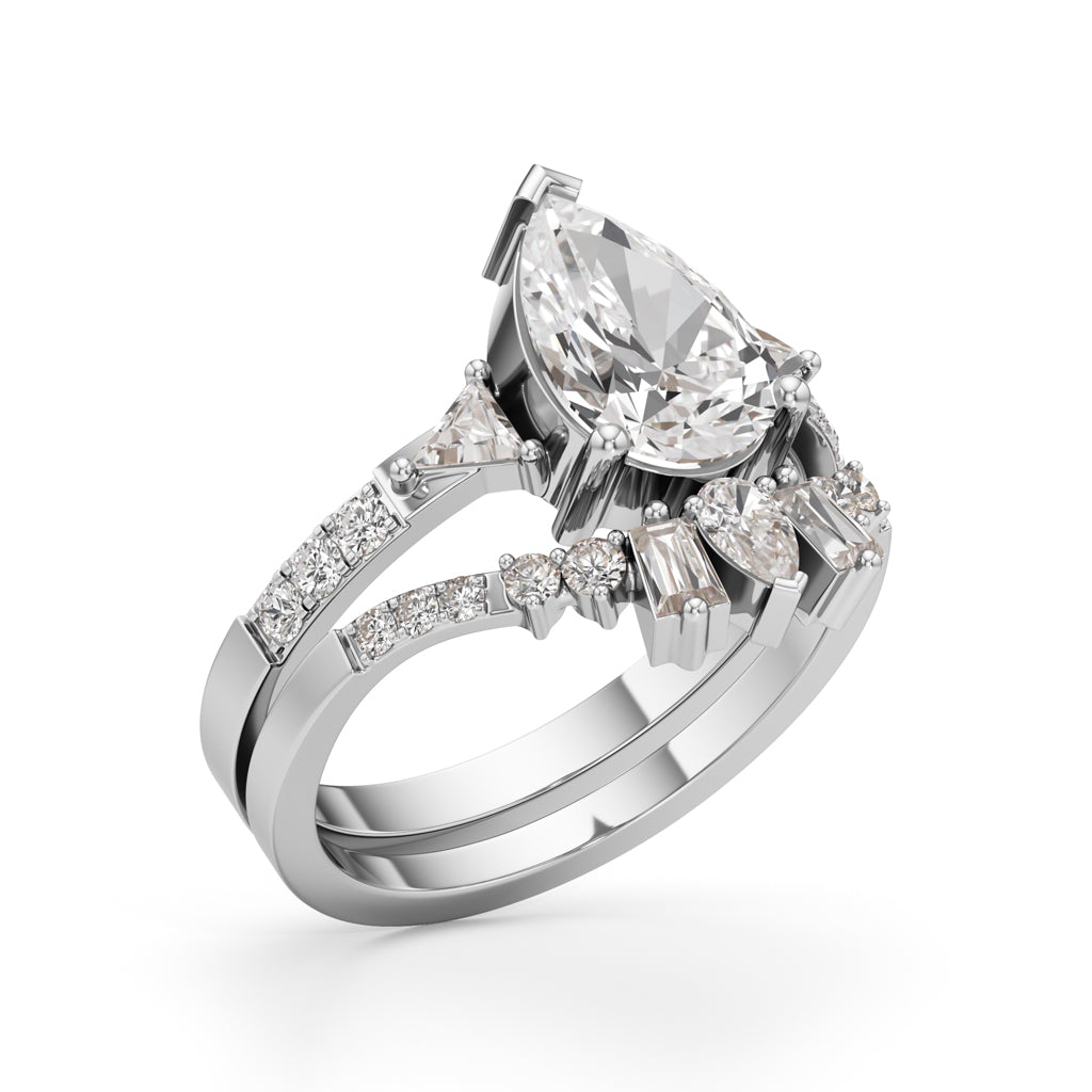 Crowned Radiance Pear-Cut Diamond Ring with Regal Accents