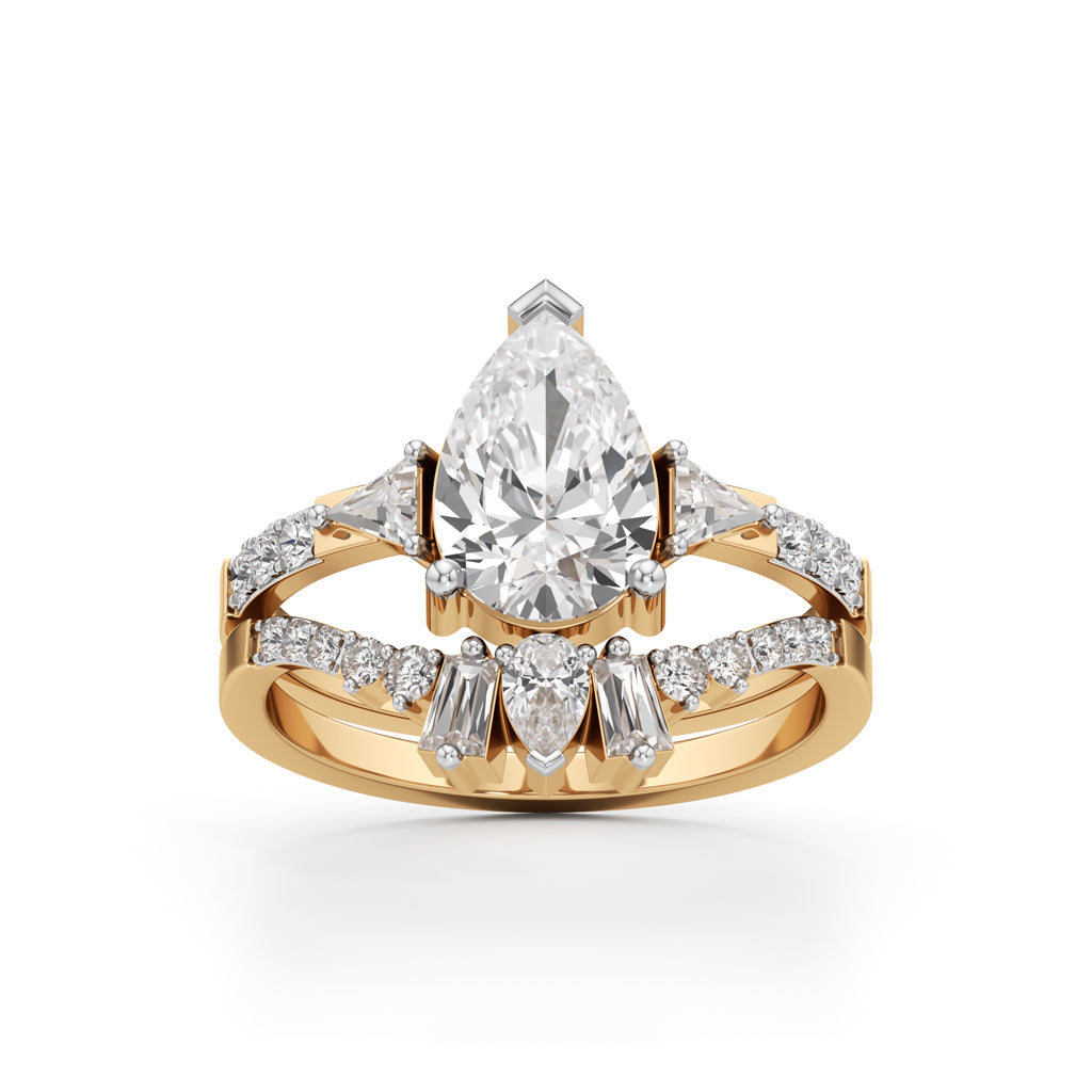 Crowned Radiance Pear-Cut Diamond Ring with Regal Accents