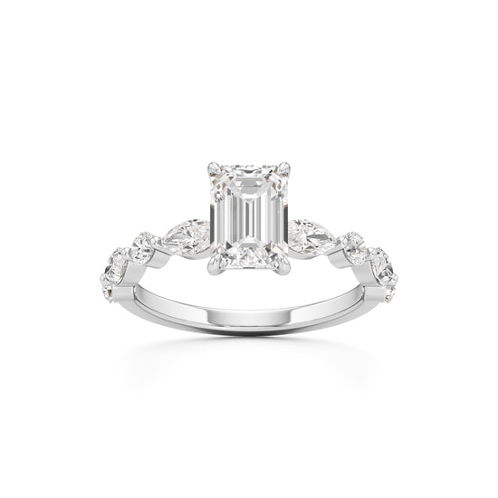 Emerald Cut & Pear Side Stone Ring