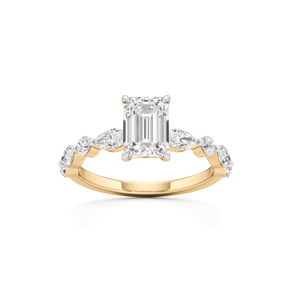 Emerald Cut & Pear Side Stone Ring