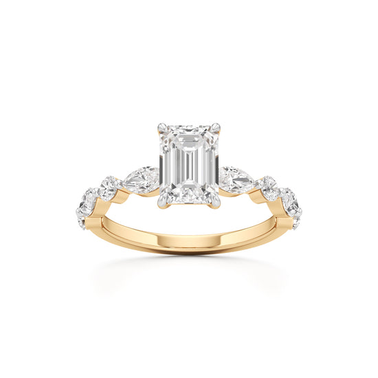 Emerald Cut & Pear Side Stone Ring