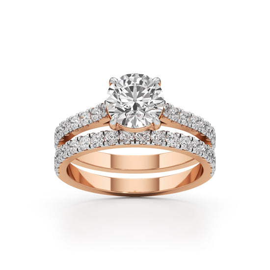 Round Diamond with Double Pave Band Wedding Set