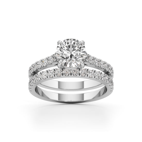 Round Diamond with Double Pave Band Wedding Set
