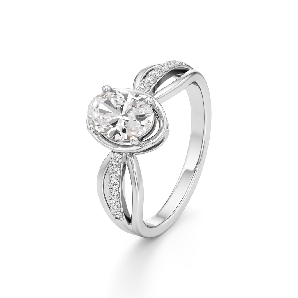 Oval Diamond Bypass Ring with Pave Accents